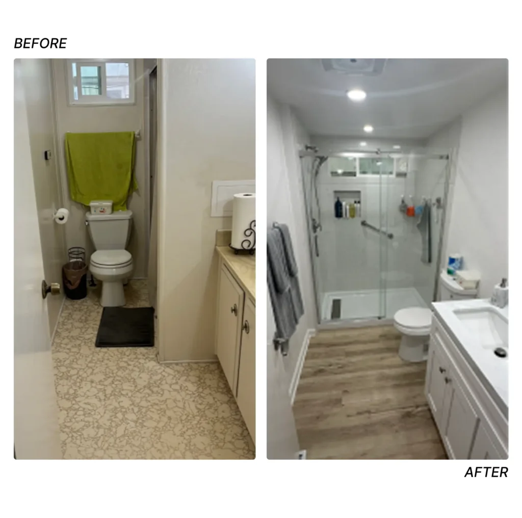 Before and after mobile home bathroom remodel showing a dated toilet nook with patterned linoleum transformed into a full bathroom with glass walk-in shower, wood-look flooring, and white vanity
