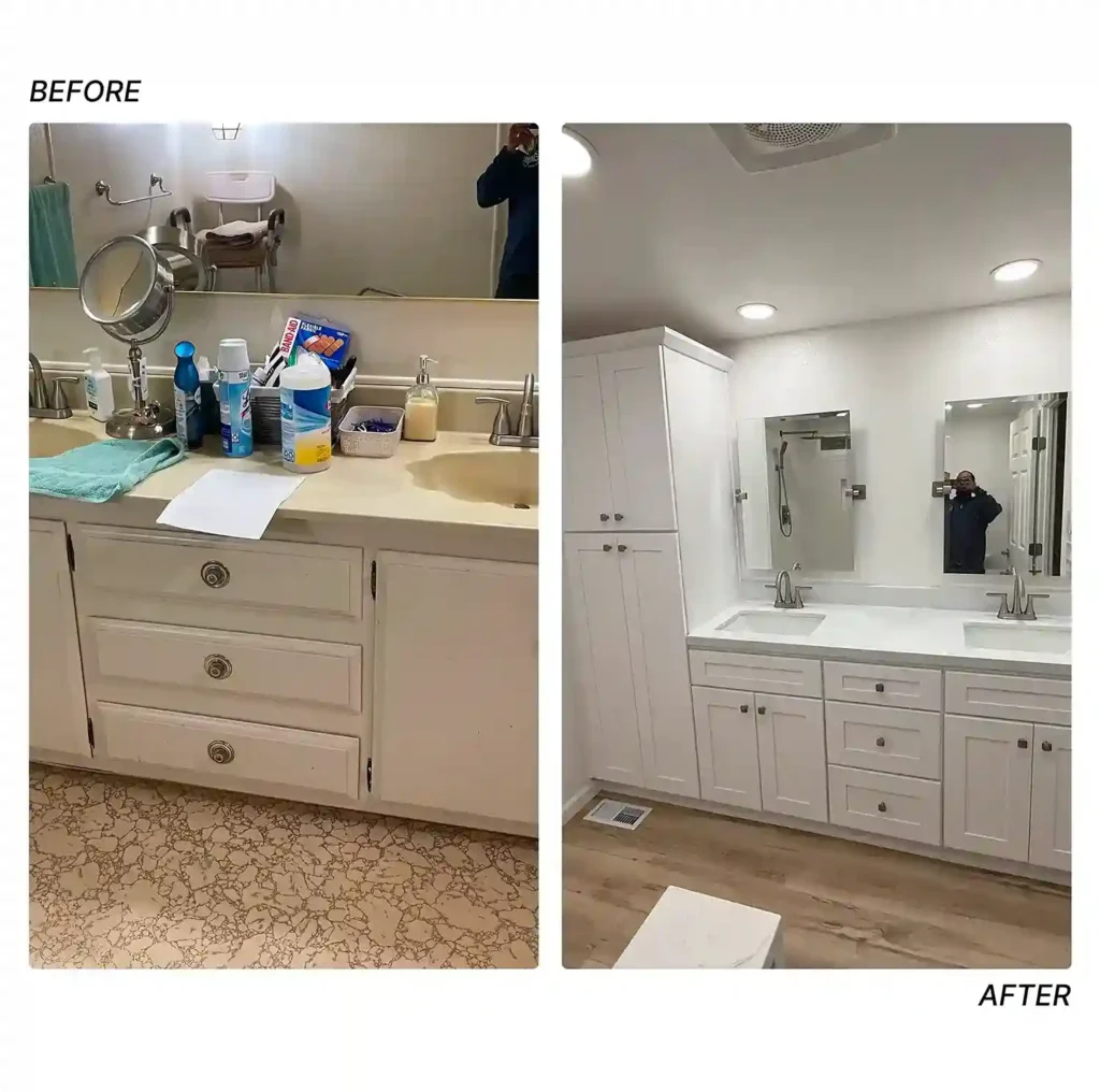 Before and after mobile home bathroom remodel showing a dated single-sink vanity transformed into a modern white double-sink vanity with linen tower and wood-look flooring
