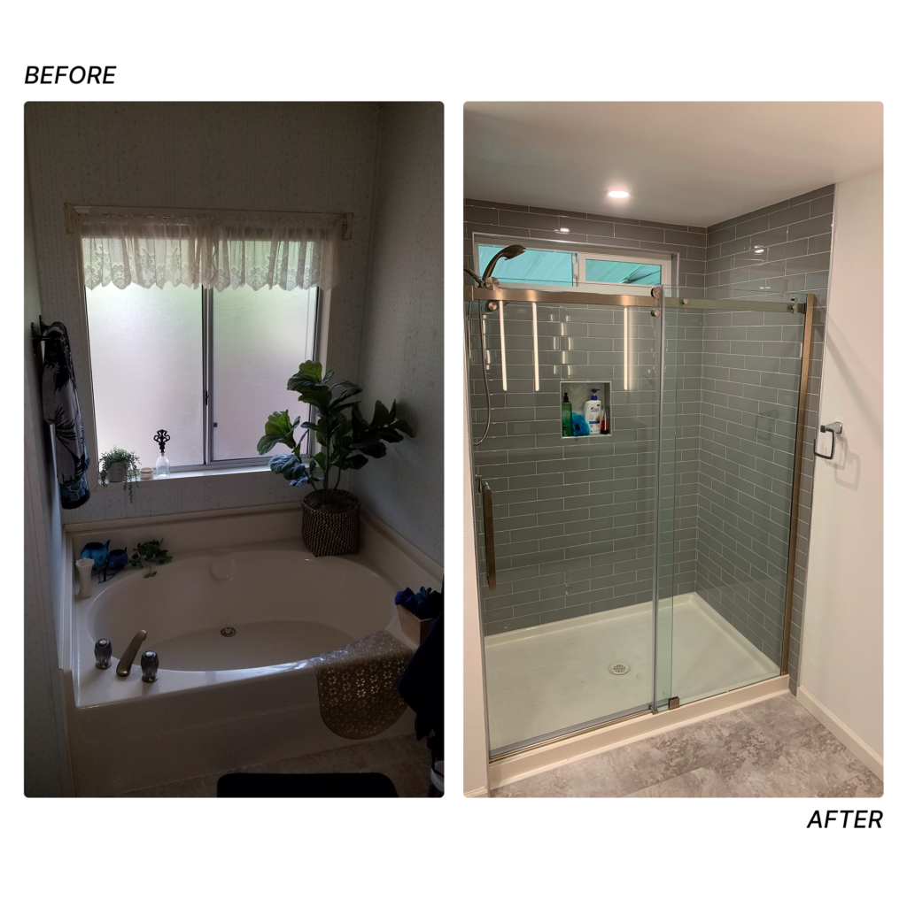 Before and after mobile home bathroom remodel: outdated corner tub replaced with a glass walk-in shower and tile surround