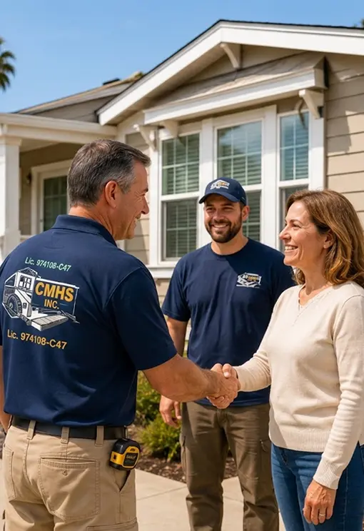 CMHS technicians shaking hands with a mobile homeowner