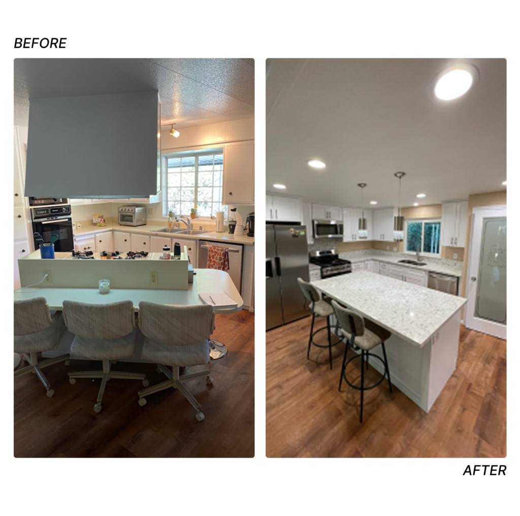 Before and after mobile home kitchen remodel: outdated cooktop island and appliances replaced with new quartz island, stainless appliances, and pendant lighting