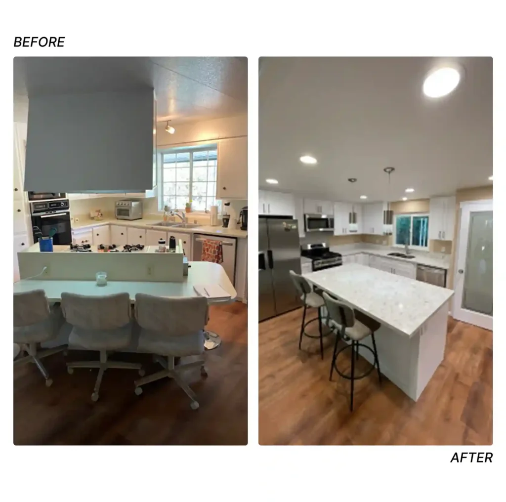 Before and after mobile home kitchen remodel showing outdated cabinets and appliances transformed into a modern white kitchen with quartz island, stainless steel appliances, and wood-look flooring
