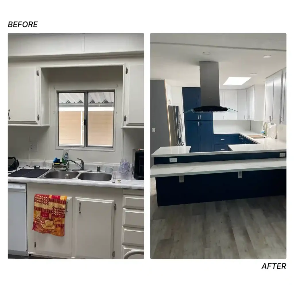 Before and after mobile home kitchen remodel showing an outdated white kitchen with double sink transformed into a modern kitchen with navy blue cabinets, white quartz counters, and stainless range hood