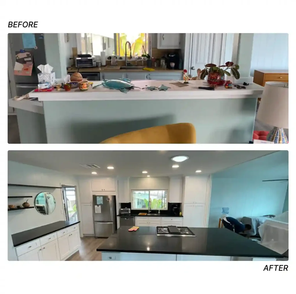 Before and after mobile home kitchen remodel showing a teal breakfast bar transformed into a white kitchen with black quartz island, gas cooktop, and stainless steel appliances